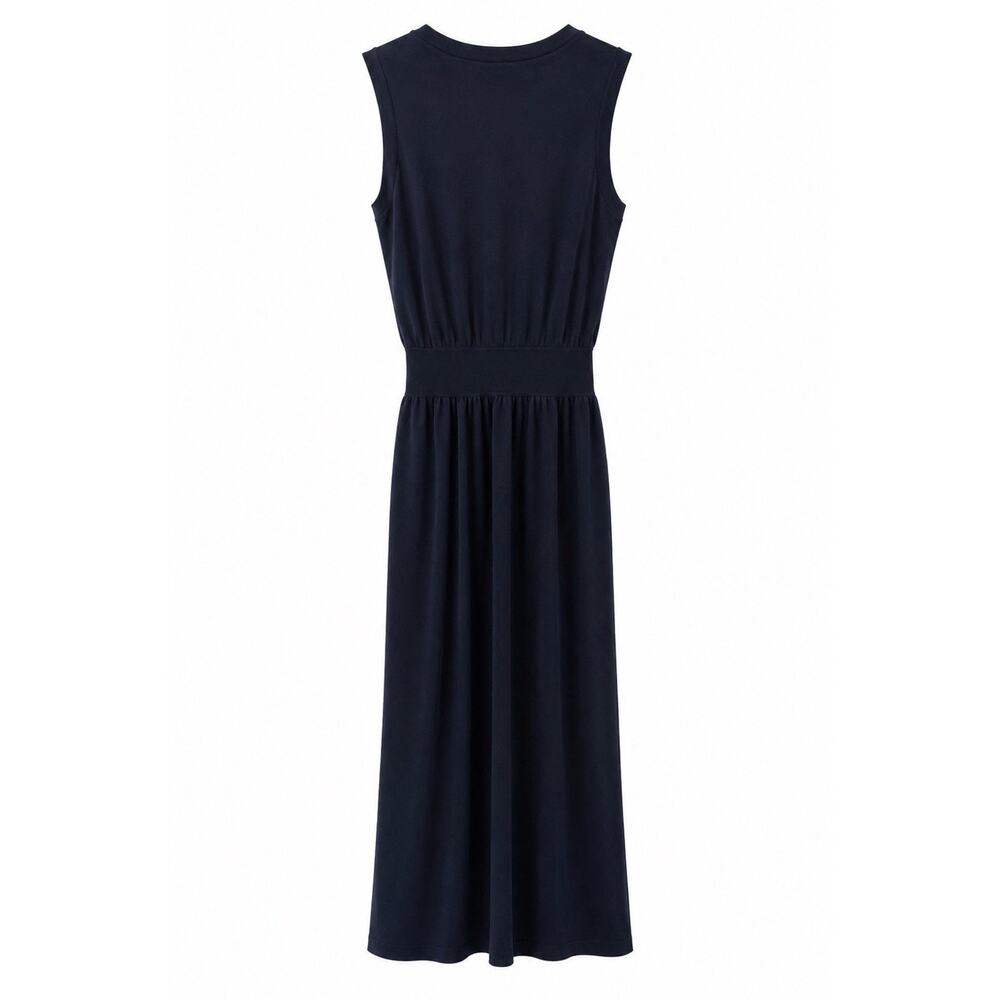 Theory Lewie Drapey Piqué Sleeveless Maxi Dress- Navy - Picture 3 of 4